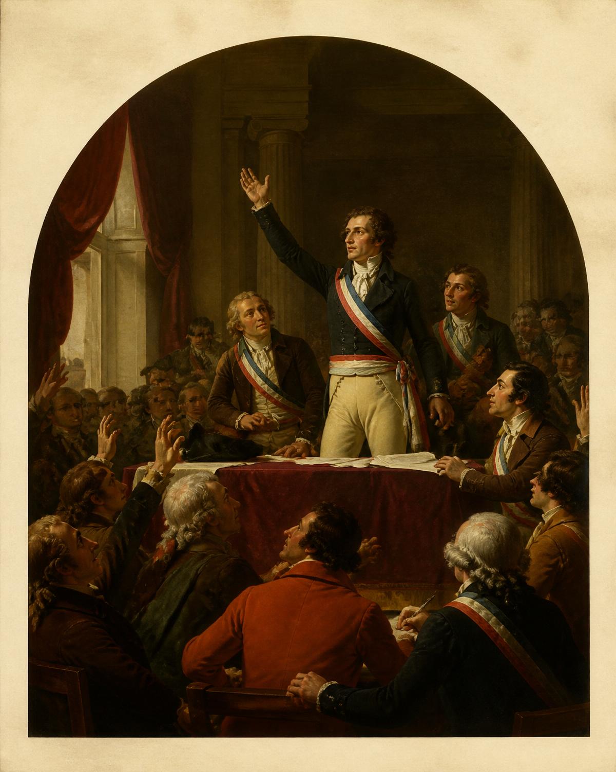 Neoclassical painting of the Tennis Court Oath, citizens raising hands in an arched chamber.
